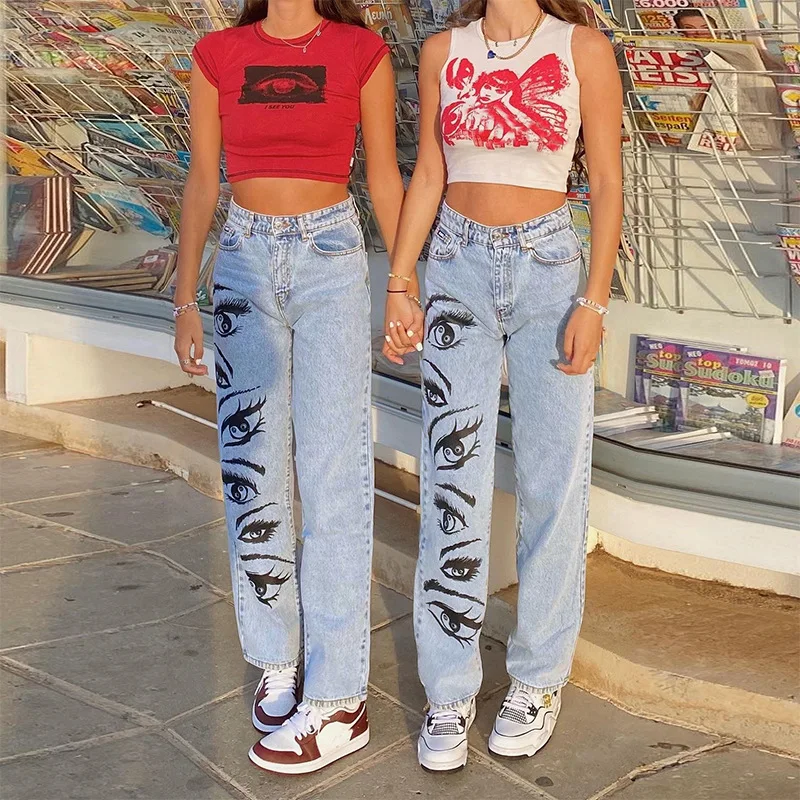 Straight Jeans Women Printed Vintage Basic Blue Denim Pants Fashion Loose Boyfriend Jeans Streetwear High Waist Baggy Trousers boyfriend jeans