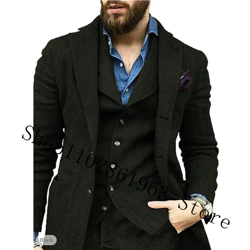 

Men's Suit 3 Pieces Black Wool Herringbone Suits Formal Business Groomsmen Tweed Wedding Tuxedos Blazer+Pants+Vest Costume Homme