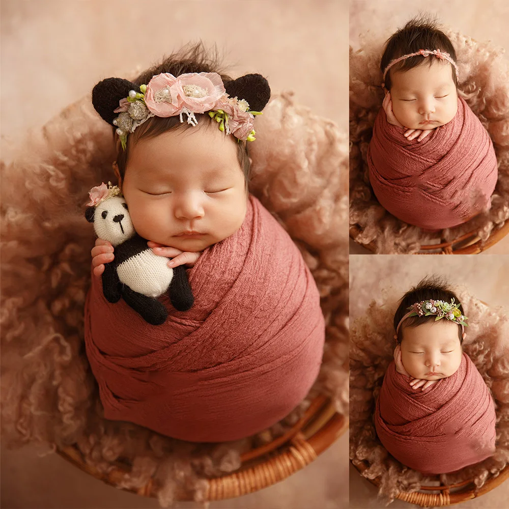 

Photography for Newborns Props Baby Stretch Swaddle Wrap Headflower Panda Ear Headdress Doll Tudio Infant Photo Prop Accessories