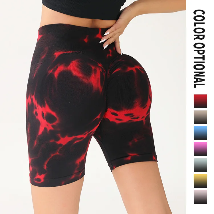 

2024New tie-dye high-waisted hip lift abdominal yoga pants for women drop dyed hand-painted peach butt exercise shorts