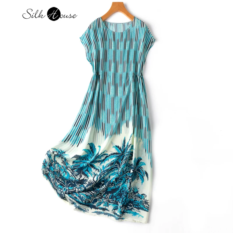 

2023 Fashion New Hawaiian Style Silk Straight Tube Loose and Flowing Blue Short Sleeve Natural Silk Dress for Women