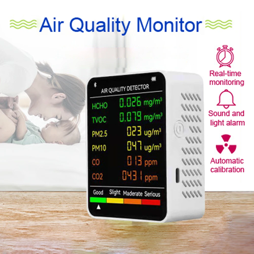 

Монитор качества воздуха 6 в 1, датчик CO2 CO PM2.5 PM10 HCHO TVOC формальдегида с ЖК-дисплеем, детектор газа, датчик CO2