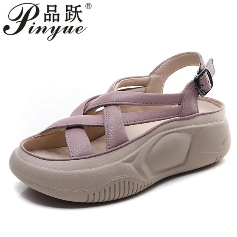 

4cm Roman Sandals Women Summer Cross Open Toe Genuine Leather Wedges Platform Sandals Back Strap Sneakers Woven toe sandals
