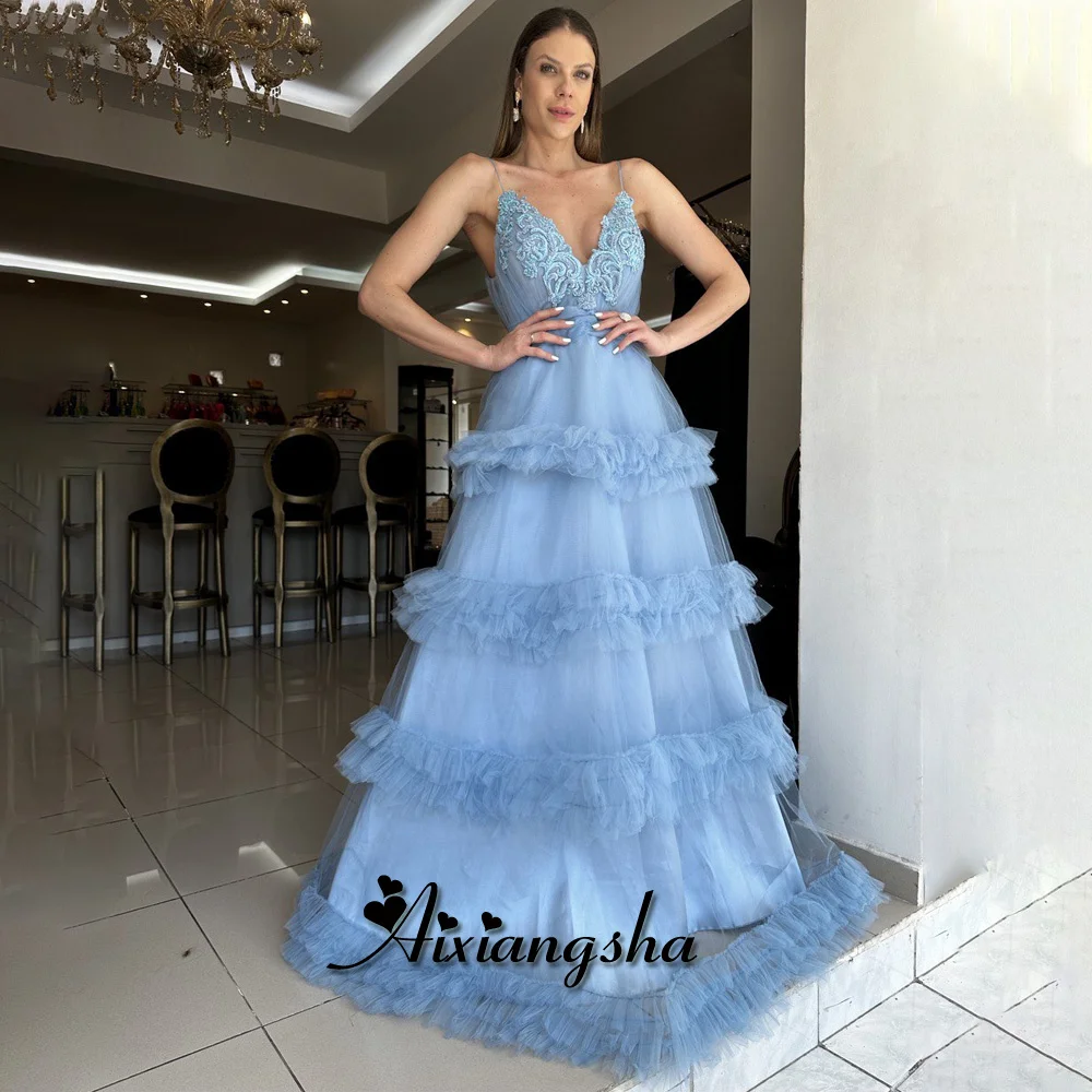 

Aixiangsha Glamorous Appliques Celebrity Dresses for Women Spaghetti Straps Deep V-Neck Layered Vestidos de Noche Customized