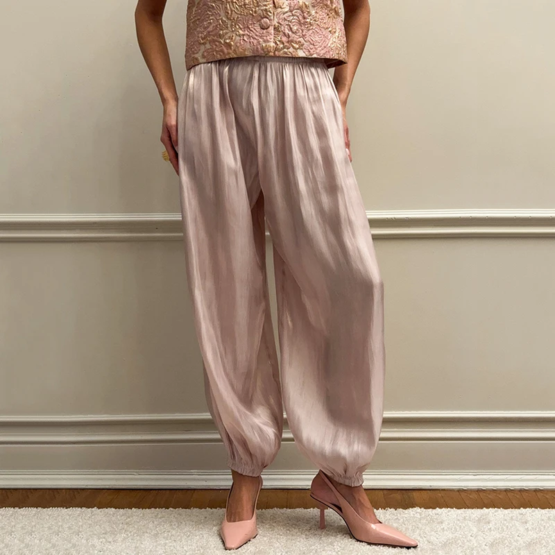 Linad Elegant Pink Crepe Loose Bloomers For Woman Street Chic Pleated...