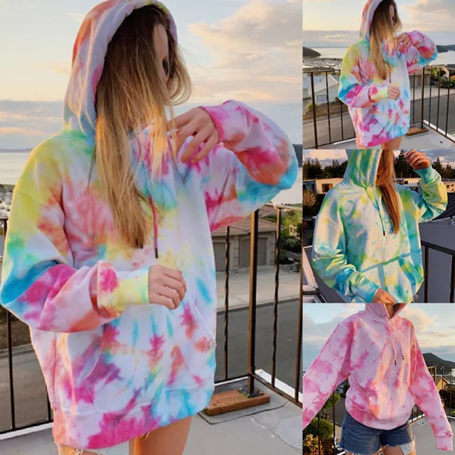 Street Women s New Loose Coat Top Hooded Tie Dyed Print Casual Sweater for Women