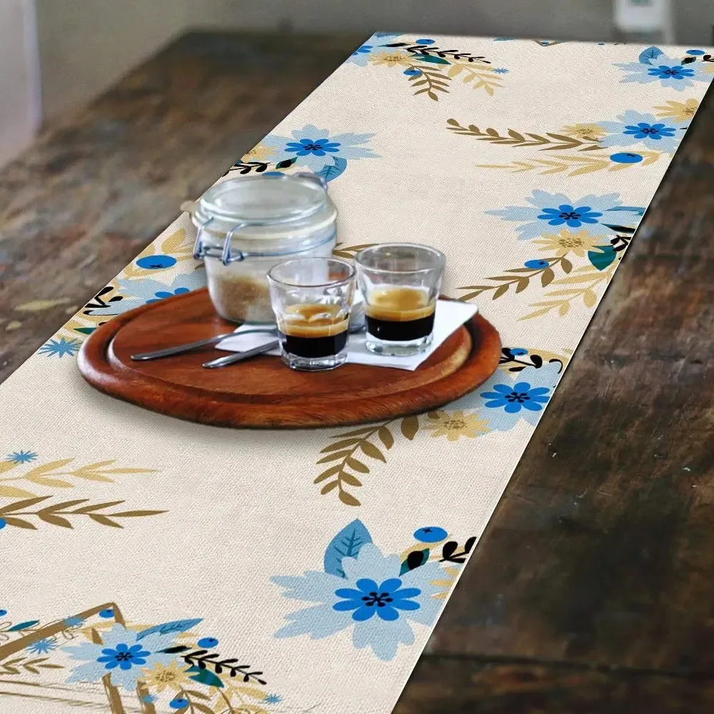 Happy Passover Blue Flower Hanukkah Linen Table Runner Home Decorations Jewish Anniversary Holiday Table Runner for Party Decor 5