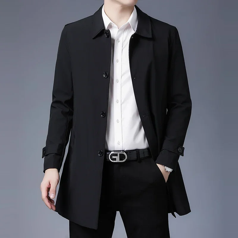 Mens Spring Jacket Men's Business Casual Black Khaki Long Jacket Top Quality Single Breasted Solid Trench Coat