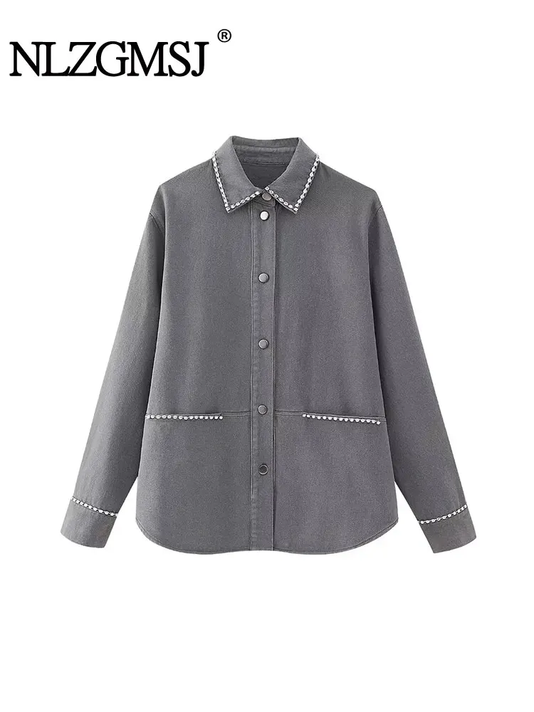 

TRAF 2023 Autumn Jewelry Inlay Shirts Jackets For Women Cropped Jacket Woman Long Sleeve Streetwear Casual Women Jacket Coat