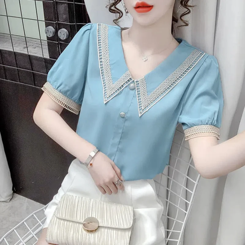 스위트 레이스 패치워크 할로우 아웃 블라우스, 반팔 쉬폰, 단색 루즈 셔츠, 오피스 패션, 여성 의류, 여름 신상