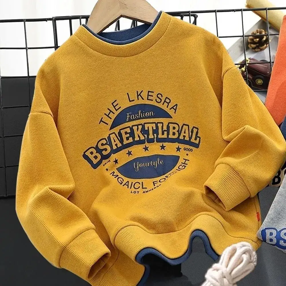 

Boys' Velvet Padded Thickened Sweater False Two-Piece Patchwork Long Sleeve 2022 New round Neck Top for Middle and Big Children