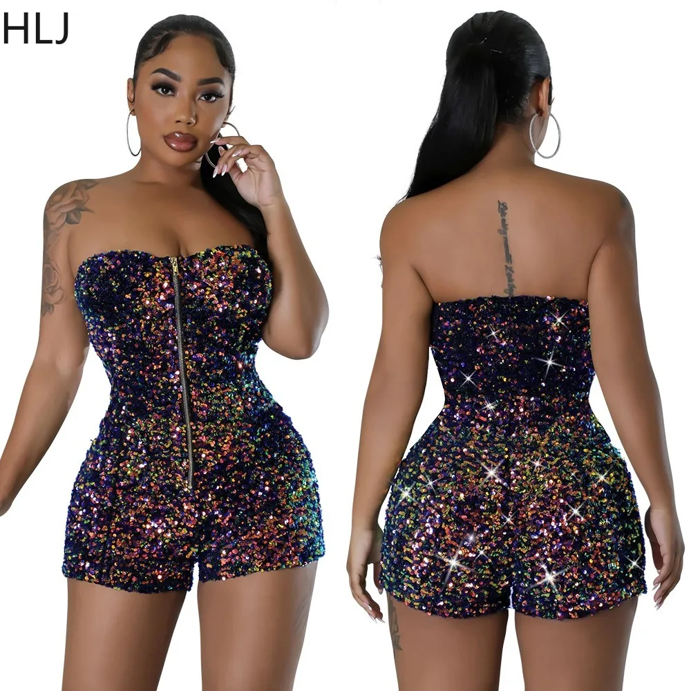 HLJ Fashion Sequin Zipper Bodycon Party Nightclub Rompers Women Off Shoulder Sleeveless Slim Jumpsuits Female Overalls 2023 New zoctuo jumpsuits bead sequin sleeveless lady club party banquet one piece wide leg pants for women festival street rompers 2023