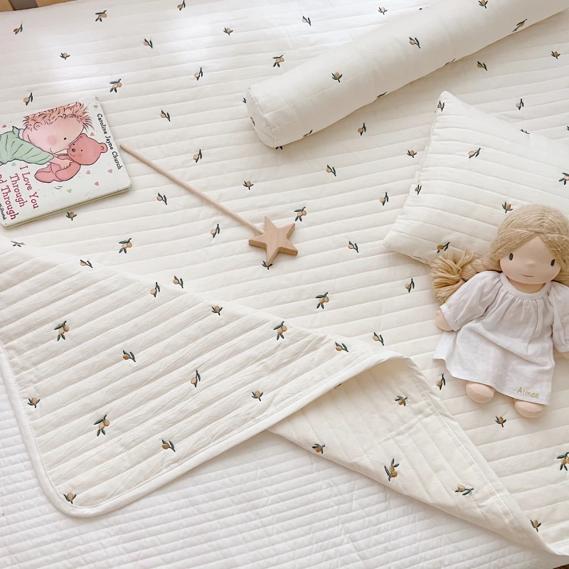 Korean Quilted Crib Sheet Bear Olive Bunny Embroidery Baby Cot