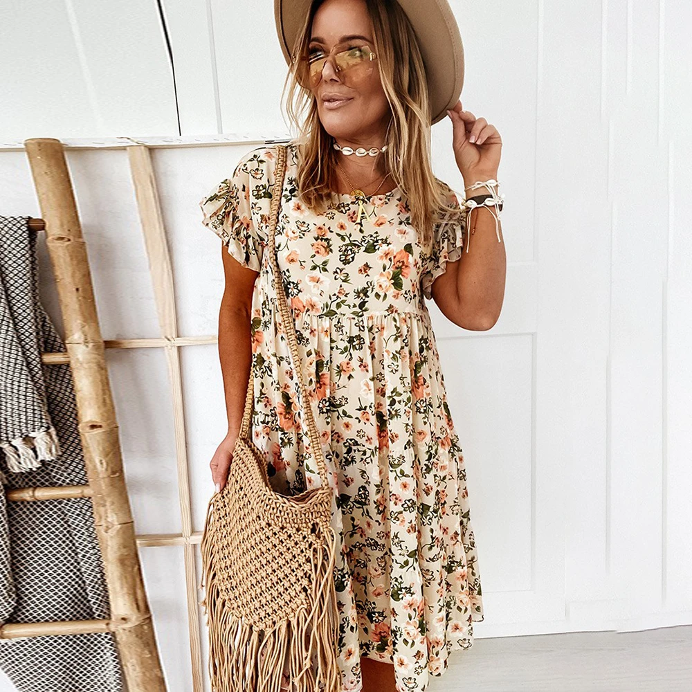 

Women Floral Printing Dress Boho Short Sleeve Big Hem Casual Woman Female Loose Ruffles Mini Dresses for 2022 Summer Robe Femme