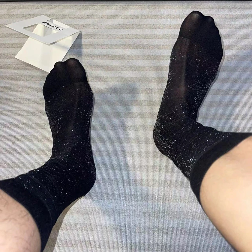 1 Pair Men\'s Sexy Shiny Silky Sock See Through Breathable Casual Stockings Man Business Dress Middle Tube Socks