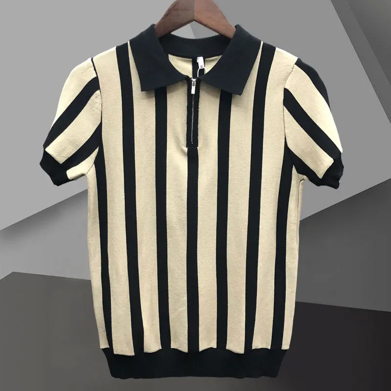 

2023 Contrasting Stripes Casual Slim Lapel Polo Men's Shirt Summer Zipper Knit Lapel T-shirt Polo Mannen Polo Camisa Hombre