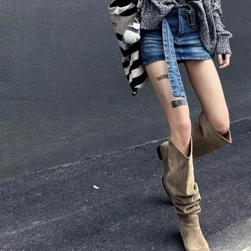 Botas 여성용 나이트 부츠, 두꺼운 힐, 허벅지 하이 부츠, 하이 배럴 스웨이드 스타일, 레트로 무릎 길이 패션, 가을, 겨울
