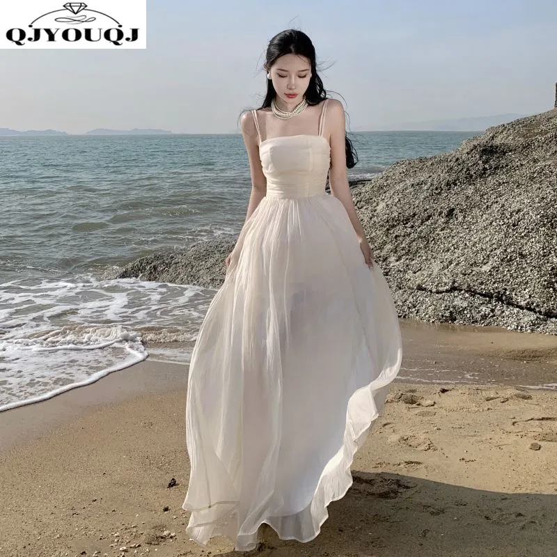 

Summer Swing Dress Solid Color Pleated Atmosphere Elegant Temperament Waist Cinched Suspender Age Reducing Long Skirt