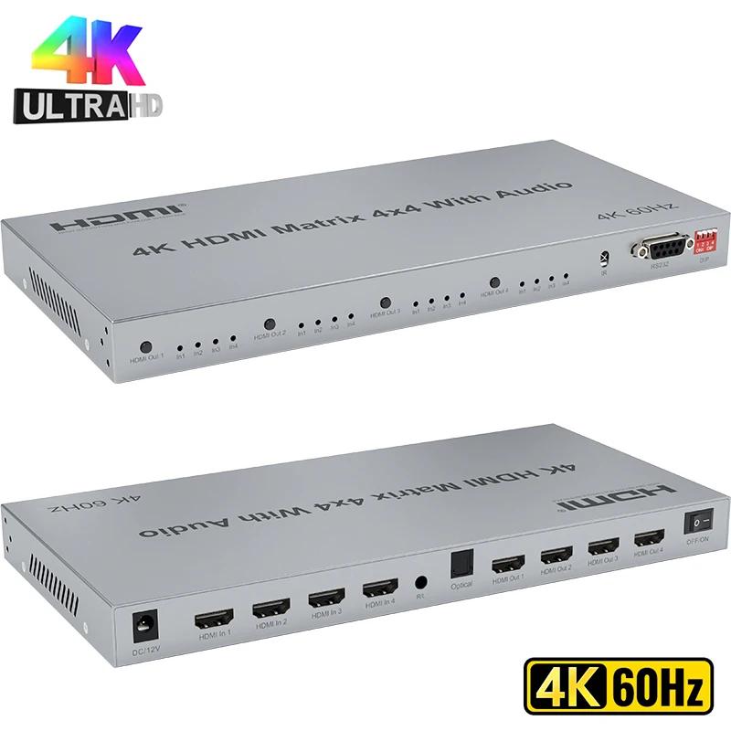 

4x4 HDMI Matrix with Audio Extractor 4K@60Hz HDR 18Gbps HDMI 2.0 Matrix Switcher Splitter 4 in 4 Out Support HDCP2.2 EDID RS232