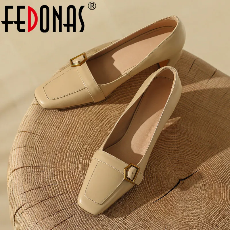 

FEDONAS Mature Elegant Women Pumps Square Toe Thick High Heels Genuine Leather Spring Summer Basic Office Lady Shoes Woman 2023