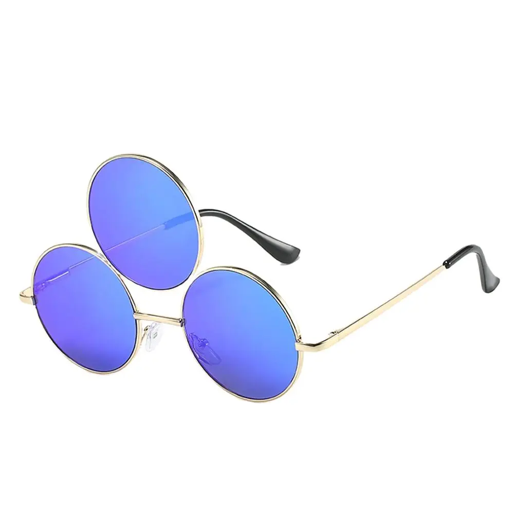 Tri-Lens Round Vintage Sunglasses with Metal Frame - Fashionable UV400 Protection Eyewear
