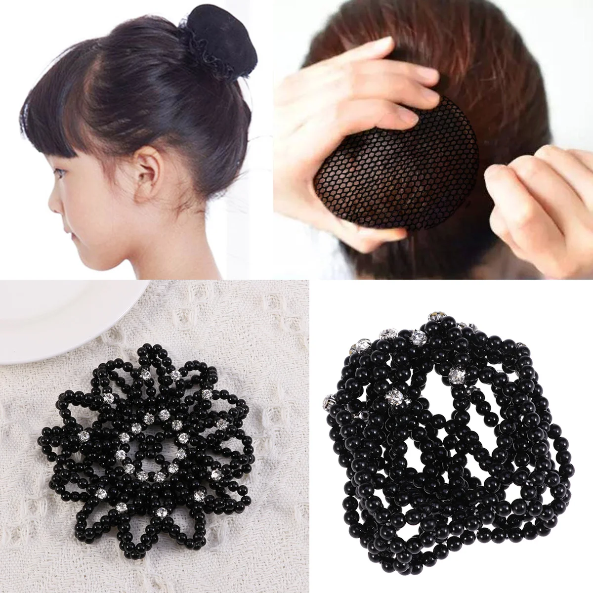 

Hair Coils Net Handmade Crochet Pearl Hairnet Heardress for Dance Performance (Black)
