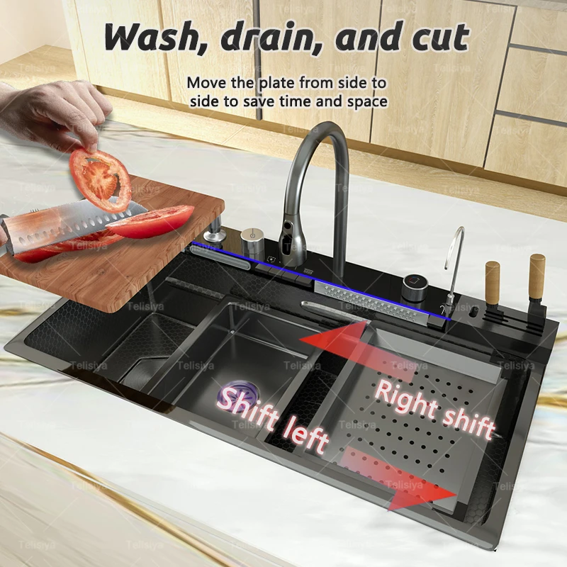 Stainless Steel Kitchen Sink With Waterfall Extra Large Single Solt with Knife Holder Digital Display Faucet Set Wash Basin 4