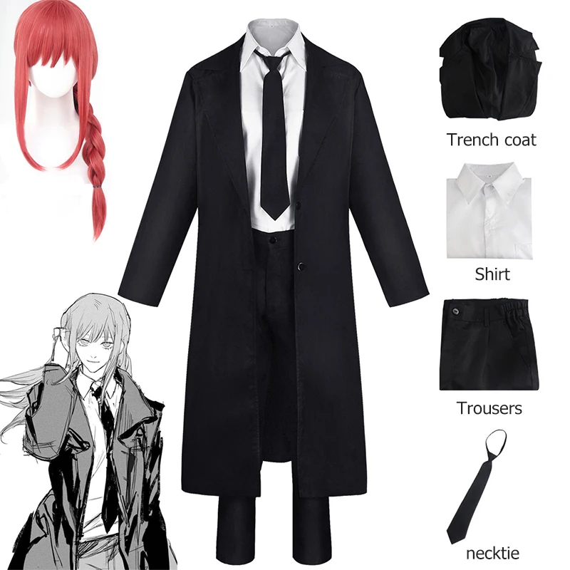 

Anime Chainsaw Man Makima Cosplay Costume Black Trench Shirt Tie Pants Makima Wig Long Light Red Braid Men Women Suit Uniforms