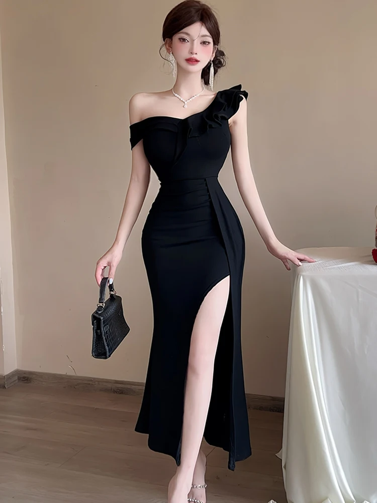 Women Red Off Shoulder Ruffled Sexy Slong Long Dress Summer Elegant Luxury  Slit Dress 2026 Korean Vintage Festival Evening Dress - AliExpress 200000345