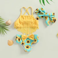 2-7Y Kids Bikini Set Girls Swimwear 2023 Summer Tassel Sling Sunflower Print Bow Bathing Suits Children Beachwear Baby Swimsuits 1