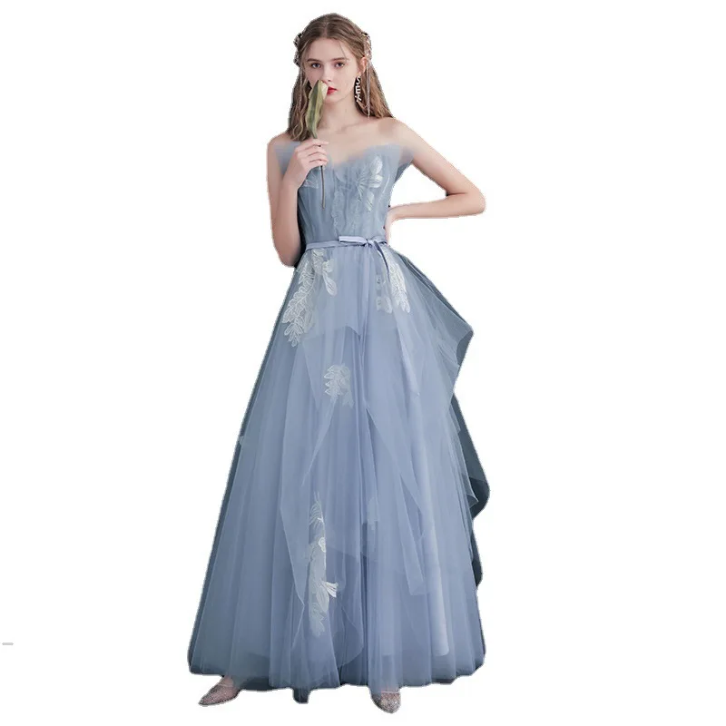 

2023 New Vestido Longo Festa Sexy Strapless Sleeveless Evening Dress Blue Tulle Elegant A-line Suknie Wieczorowe Custom Made