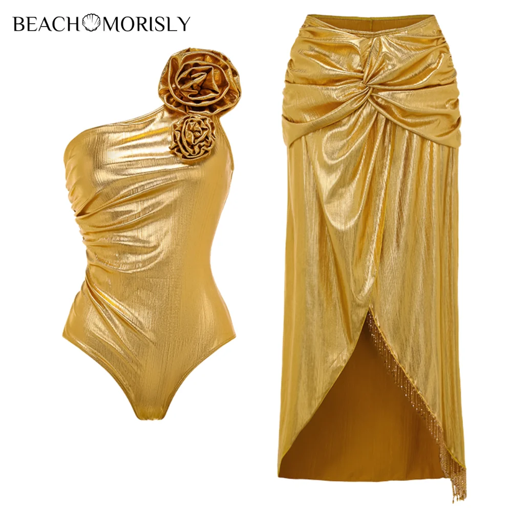 

2024 New Swimsuit Set 3D Flower Golden Fabric One Piece Vacation Swimwear bikini Women Beachwear Bathing Suit Monokini Two piece