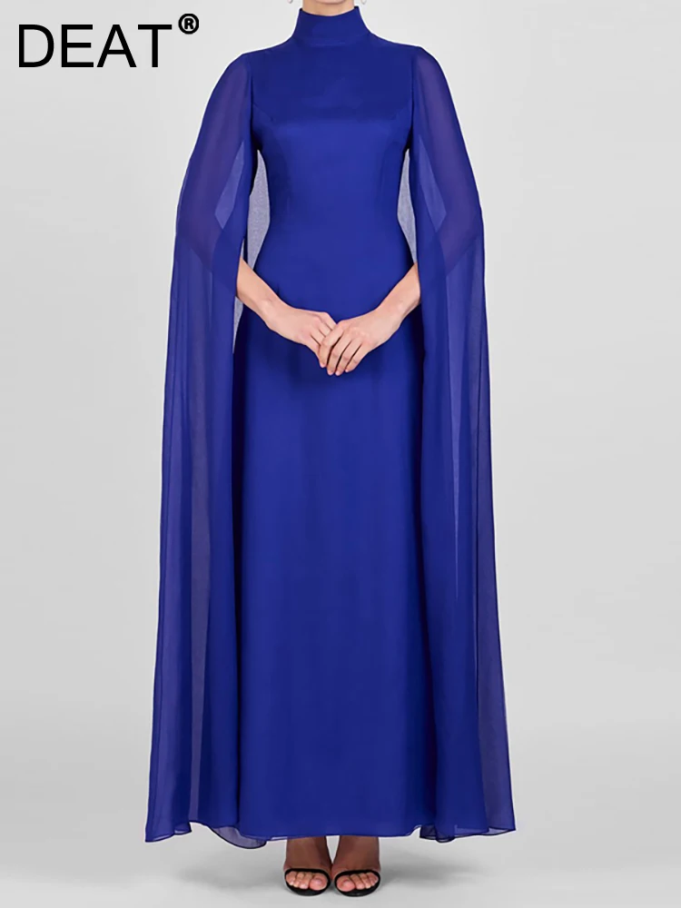 

DEAT Women's Evening Dress Half High Collar Long Sleeve Gauze Split Blue Fashion Female Party Dresses Summer 2023 New 13DB2305