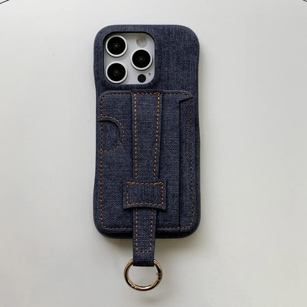 Luxury Denim Leather Wrist Strap Wallet with Card Holder and Shockproof Back Cover