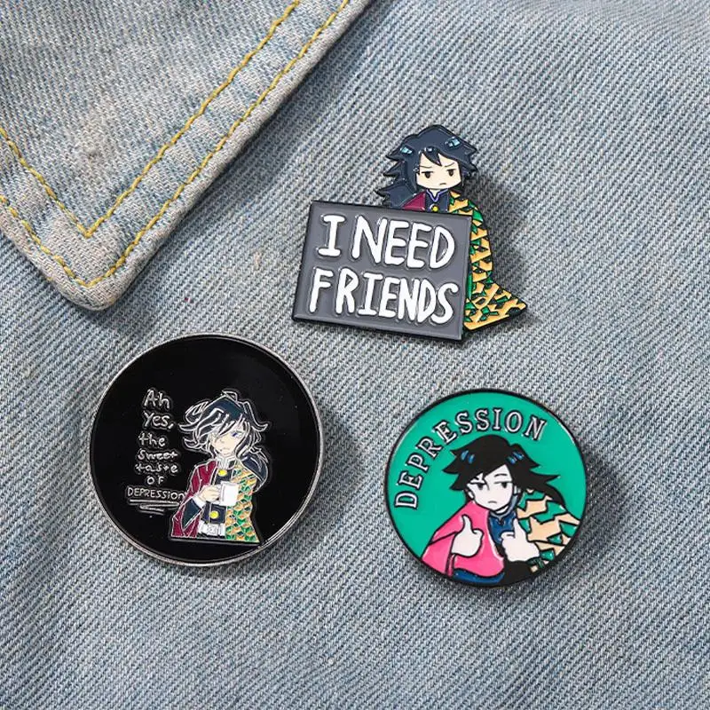 

Tomioka Giyuu Depression Enamel Pins Custom Anime Brooches Need Friends Lapel Badges Cartoon Jewelry Gift for Fans Friends