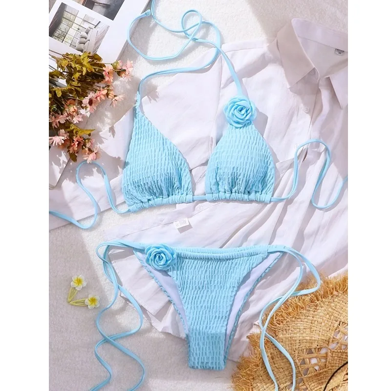 2024 Sexy Women 3D Rose Bikini Set Two Piece Tie Back Halter Cheeky Swimsuit Bathing Suit
