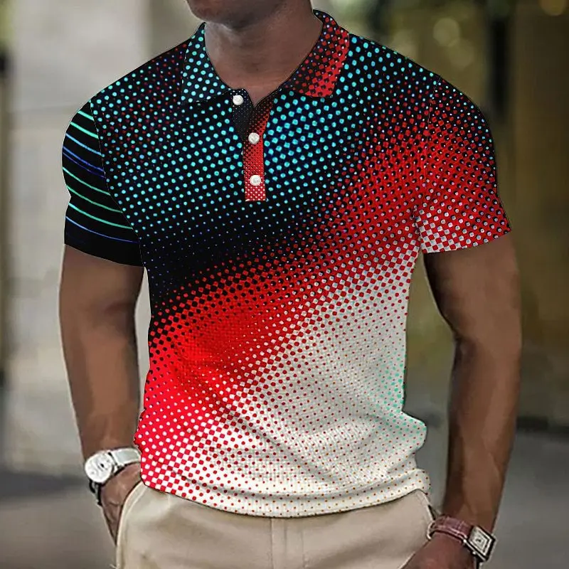 

Men'S Polo T-Shirt Colorful Stripe Printed Zipper Pullover Summer Casual Men'S Tops Golf Man Clothing Simple Fashion Polo Shirts