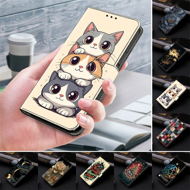Cute Cat Paint Wallet Stand Phone Case - Etui with Cover