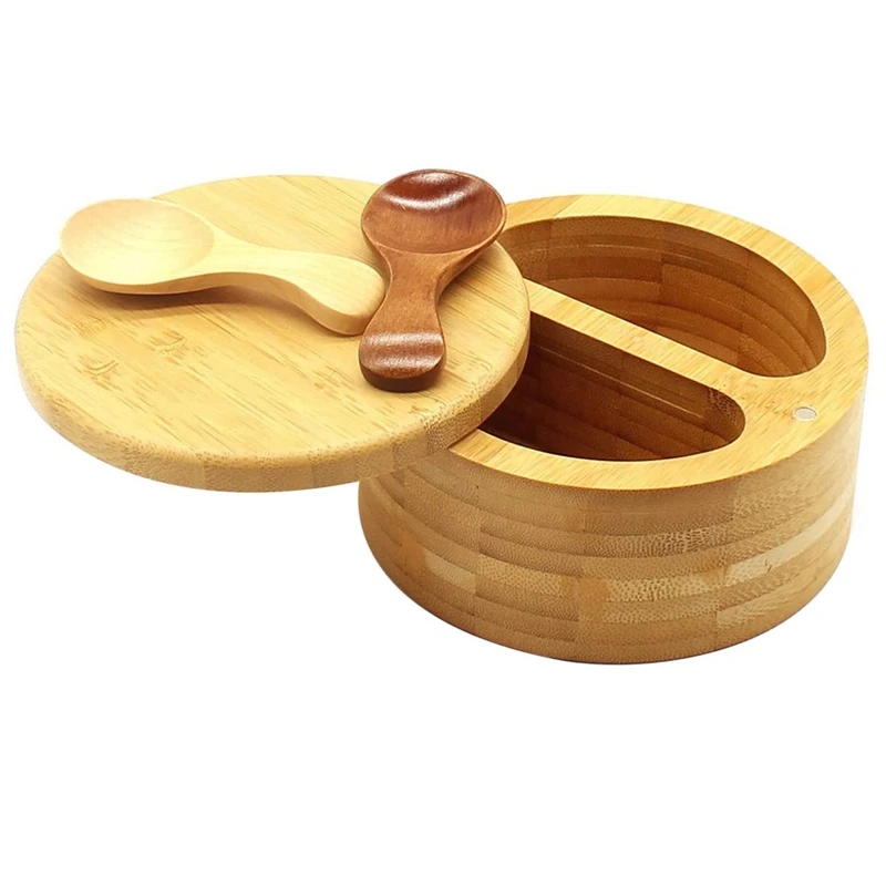 

Bamboo Seasonings Box,Bamboo Salt,Pepper Box Bowls With Swivel Lid,Spoon,Divided Salt Cellar Salt Container For Kitchen
