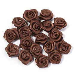 Set of 20 Mini Pink Satin Ribbon Roses for Craft and Party Decoration (Deep Brown)