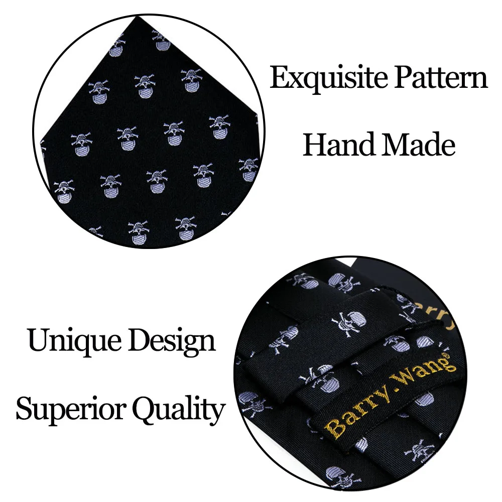 Schwarze Krawatte mit Totenkopfmuster für Herren, hochwertig gewebtes Einstecktuch, Manschettenknöpfe-Sets, Geschenke für Geschäftsfeiern, Barry.Wang Designer 5326 – Detail 2