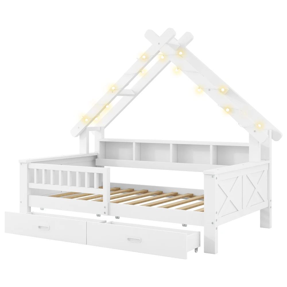 90 x 200 cm/140 x 200 cm großes Plattformbett aus Holz in Hausform, mit LED-Beleuchtung, Ablagefächern, Schubladen und Schutzgitter – Detail 9