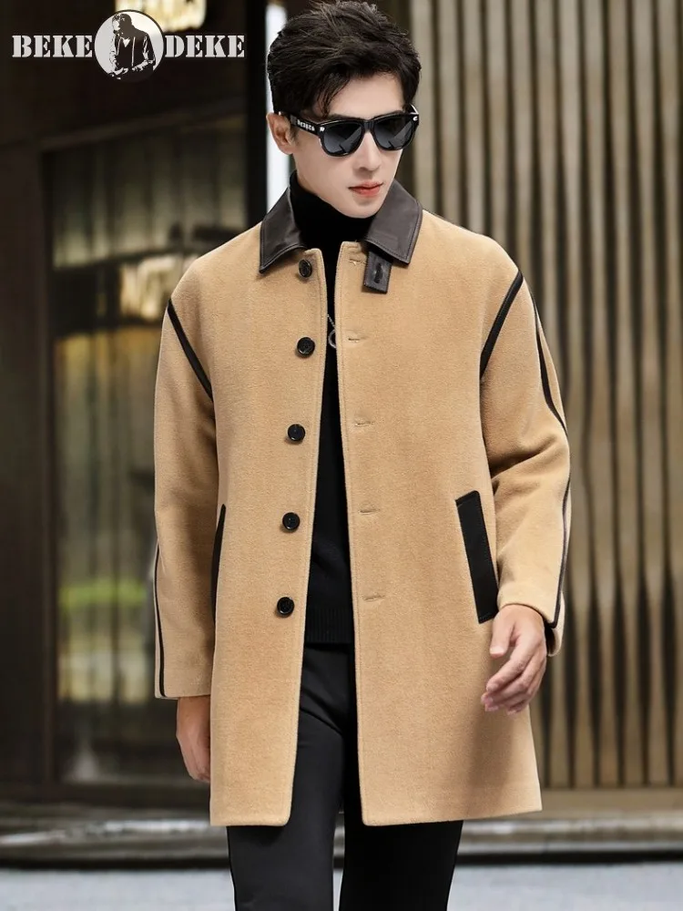 

Осенне-зимнее однобортное мужское шерстяное пальто средней длины, модное пальто с отложным воротником и длинными рукавами, деловая повседневная куртка