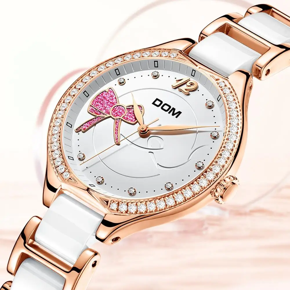 DOM Top Luxury Brand Ladies Quartz Watch Bracelet Ceramic Strap  Dress Geneva Quartz Clock Rose Gold Bow Luxury Ladies Watch
