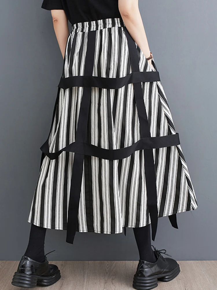 Black Vintage High Waist Stripe Spliced Ribbon Skirt Women Fashion Pocket Loose Casual Long Skirts Clothes New Summer 2025