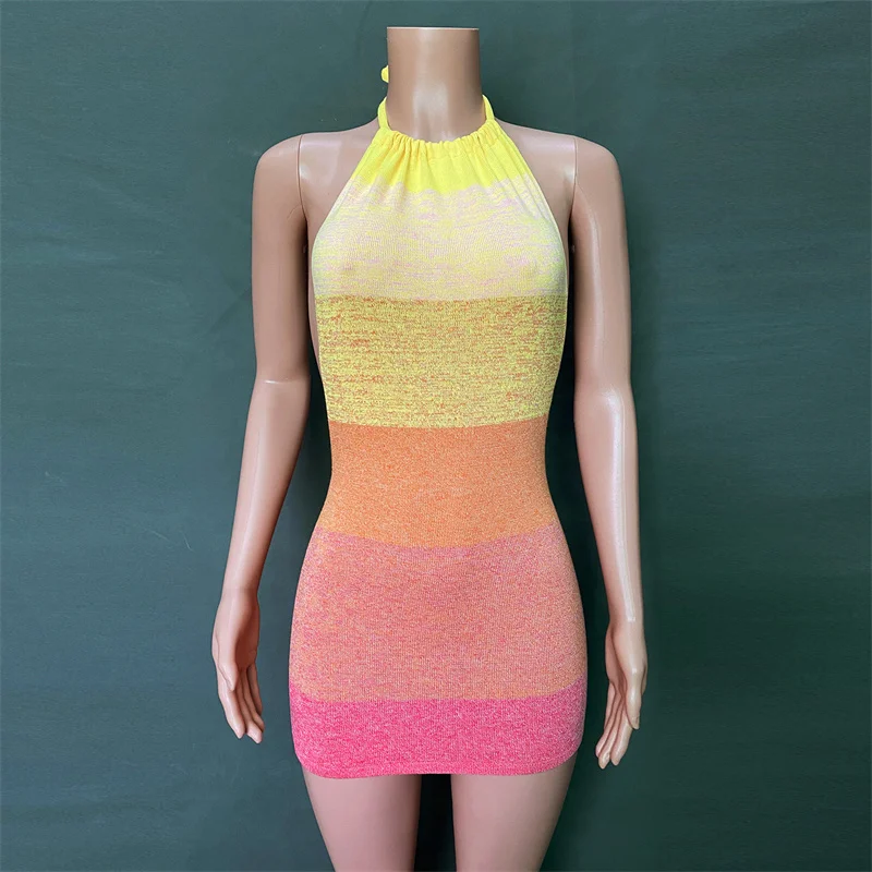 2025 Summer Dress For Women Knitting Halter Sleeveless Bodycon Mini Dresses Y2K Sexy Backless Boho Beach Dress Short
