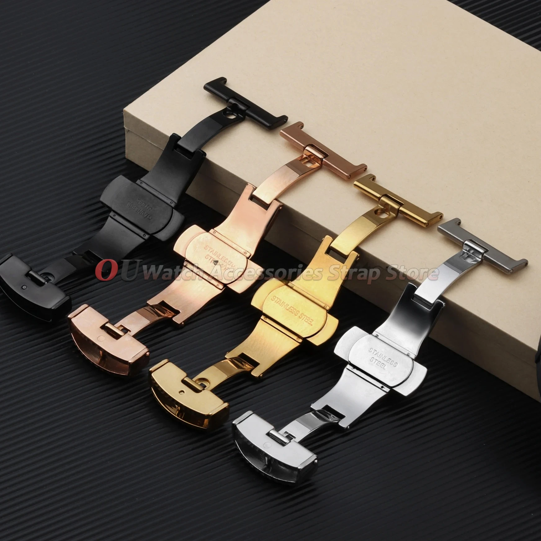 Stainless Steel Polished Butterfly Buckle Watch Strap with Metal Clasp