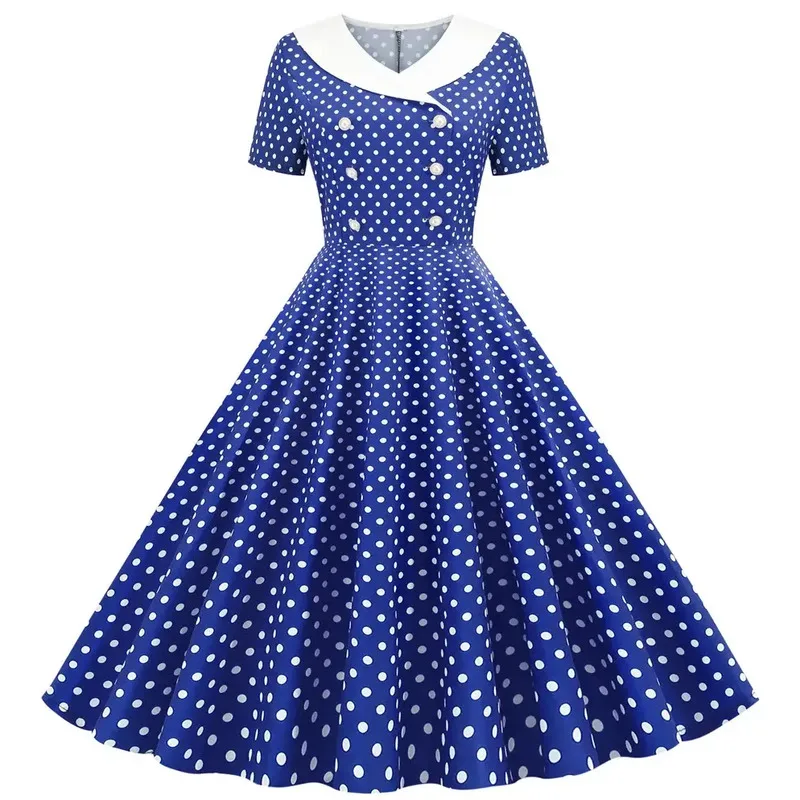 

Blue Polka Dot Printed Vintage Women 2024 Summer Retro 50s 60s Swing Pin Up Rockabilly Party Dress Robe Vestidos