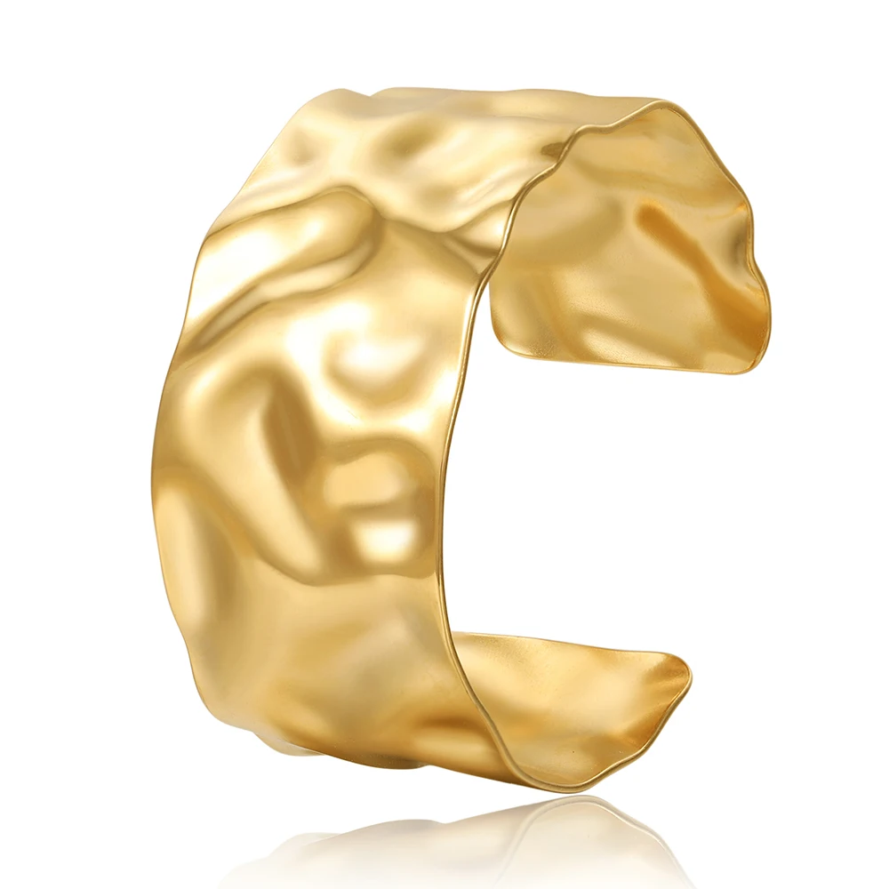 No Fade Color Stainless Steel Exaggerated Hammer Pattern Bangle French Open Cuff Bangke For Women Luxury Beach Girl Jewelry 6