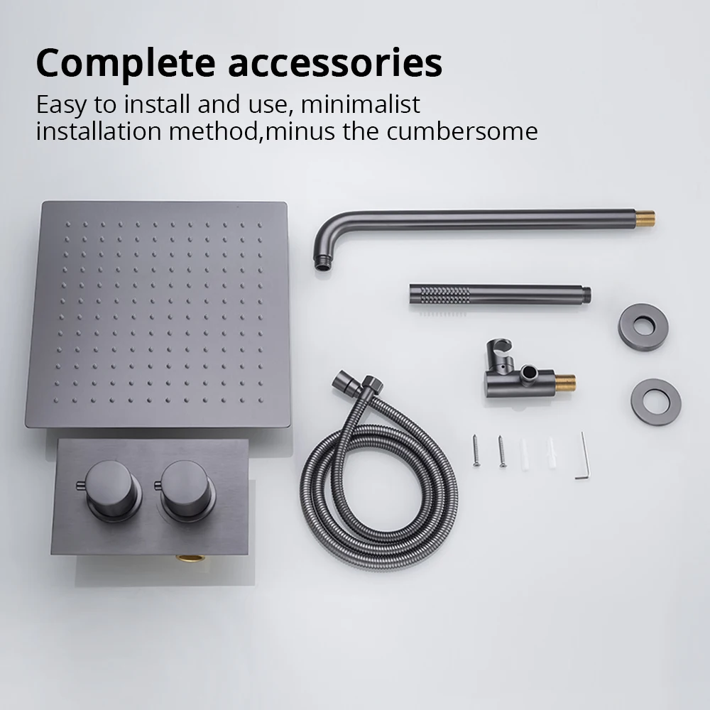 Gunmetal Thermostatic Shower Faucet 8-12 Square Rainfall Head Bathroom Mixer Set Wall Mounted Tap Constant 38°C Control Support 5